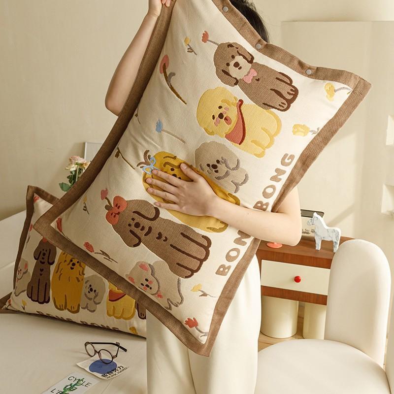 4-Layer Cotton Gauze Pillowcase Set With Cartoon Button Breathable Hotel-Grade Pillow Covers 48x74cm Pair