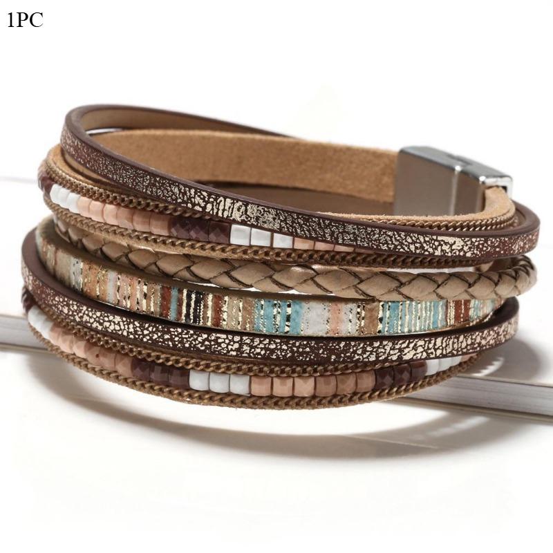 1Pc Bohemian Hand-Woven Leather Bracelet with Alloy Magnetic Clasp - Fashionable Women's Accessory
