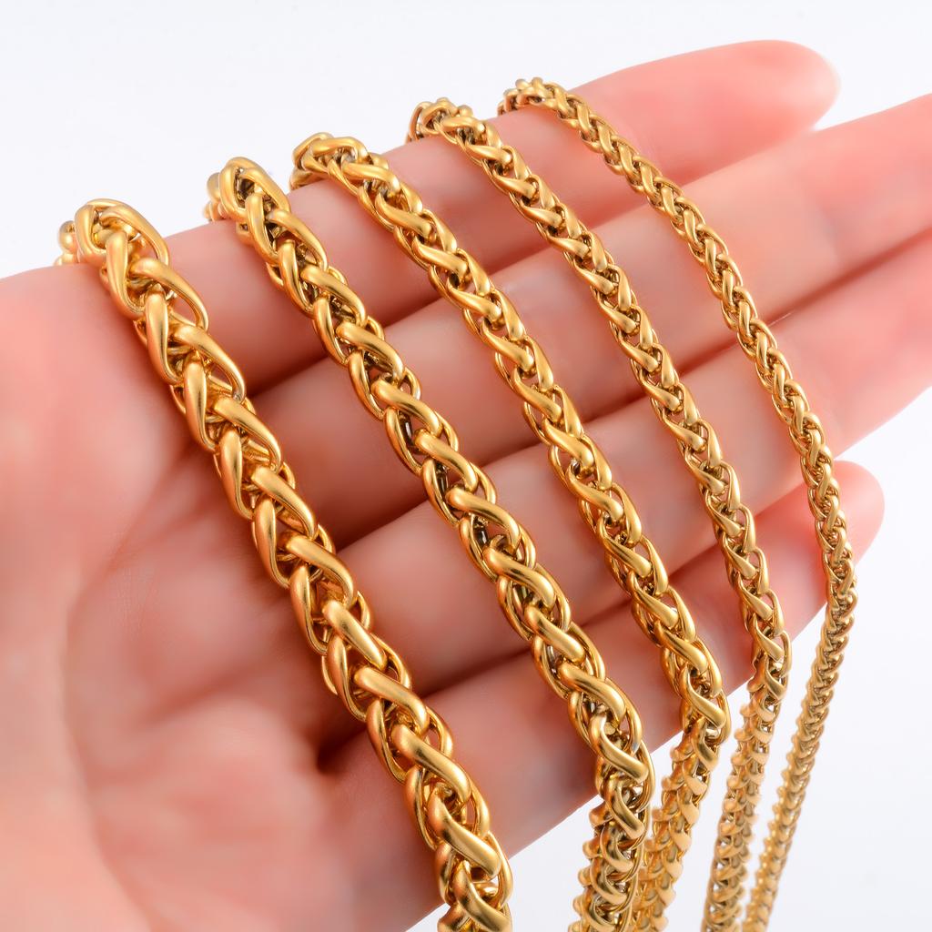 Stainless Steel Link Wheat Chain Long Necklace for Men Women Jewelry Accessories Gold Color Plated Choker on the Neck Collar DIY