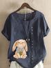 Women's Fashion Rabbit Print Casual Cotton Linen Short Sleeve Round Neck T-shirt Shirt Leisure Loose Summer Blouse Tops