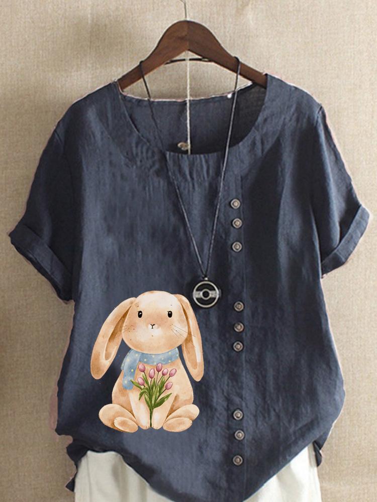 Women's Fashion Rabbit Print Casual Cotton Linen Short Sleeve Round Neck T-shirt Shirt Leisure Loose Summer Blouse Tops
