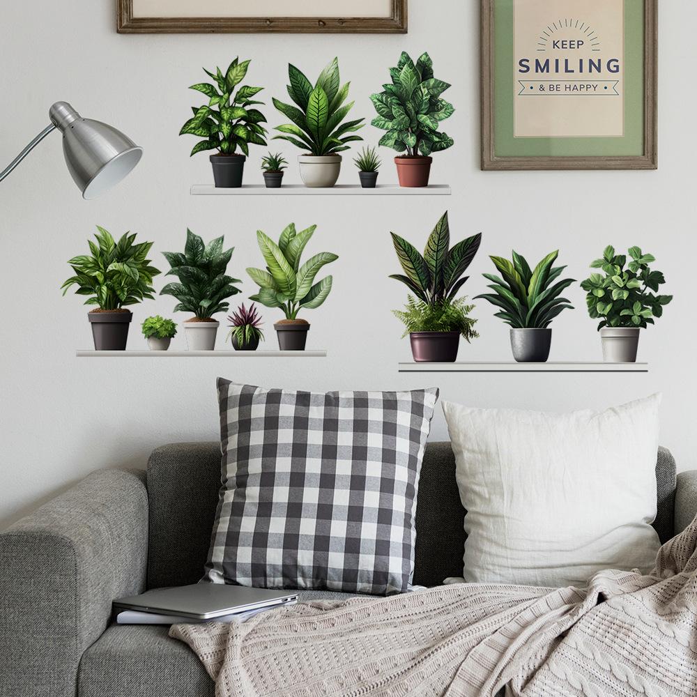 Painted Green Plant Potted Plants Bedroom Living Room Home Wall Background Beautification Decorative Wall Stickers