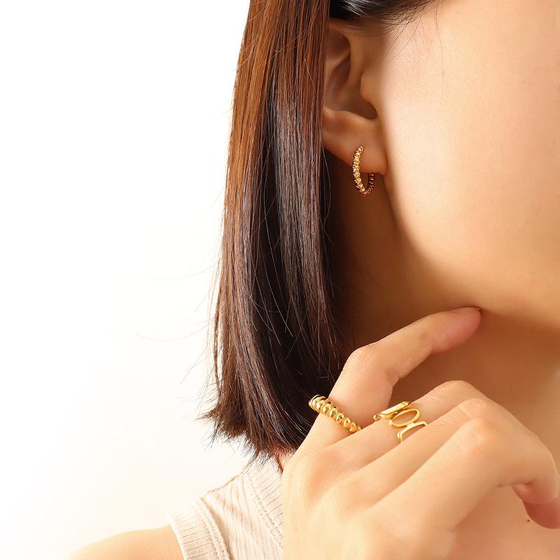 French INS Style Embossed Circle Earrings - 18K Gold-Plated Titanium Steel, Non-Fading Hoops