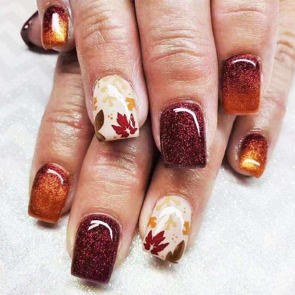 Maple Leaf Press on Nails Fall Leaves Stick on Fingernails Thanksgiving Short Square False Nails 24Pcs Glossy Silver Glitter Acrylic Fake Nail Autumn