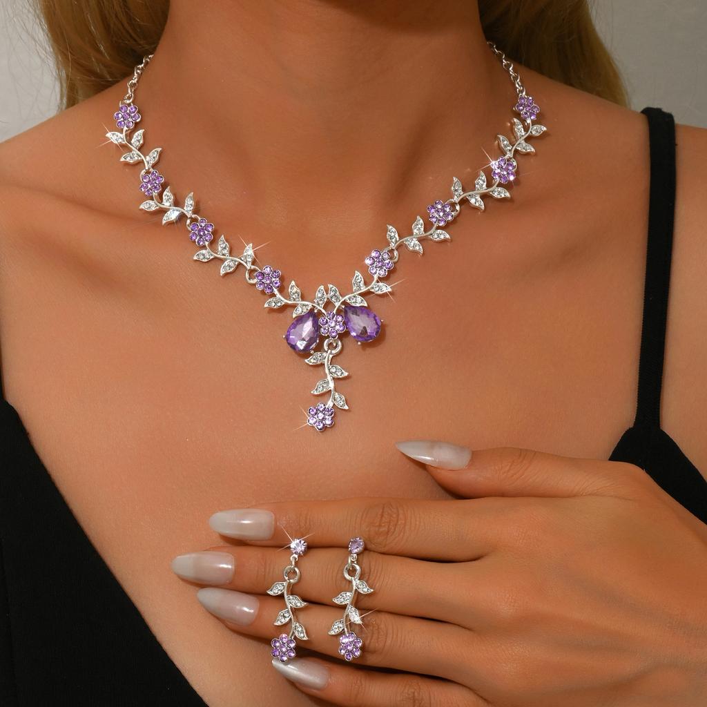 3PC Women's Fashion Trend Small Flower Water Drop Necklace Earrings Zircon Set Wedding Banquet Party Festival Gift