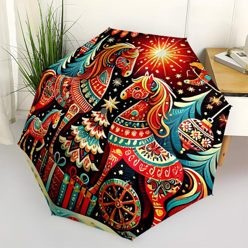 1pc Horse Christmas Automatic Folding Umbrella, Lightweight Retractable Compact Travel Umbrella, 8-Rib Sturdy Frame145