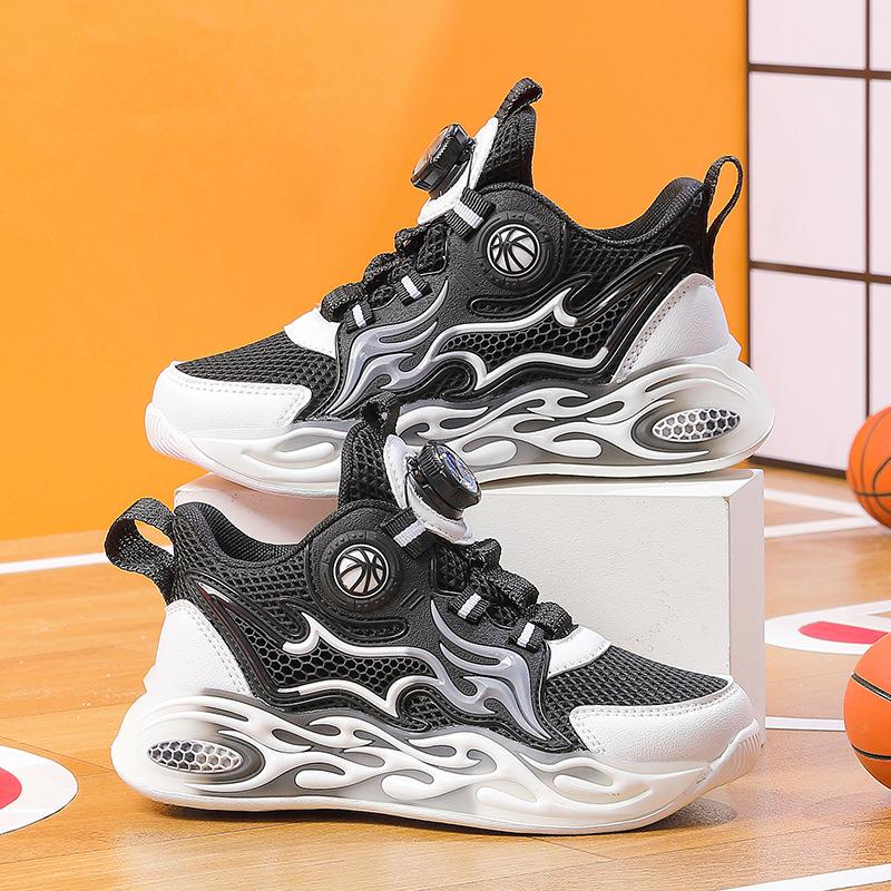Children's sports shoes Spring and Autumn 2025 new rotating buckle trend flame sole shock absorption older children's basketball shoes factory