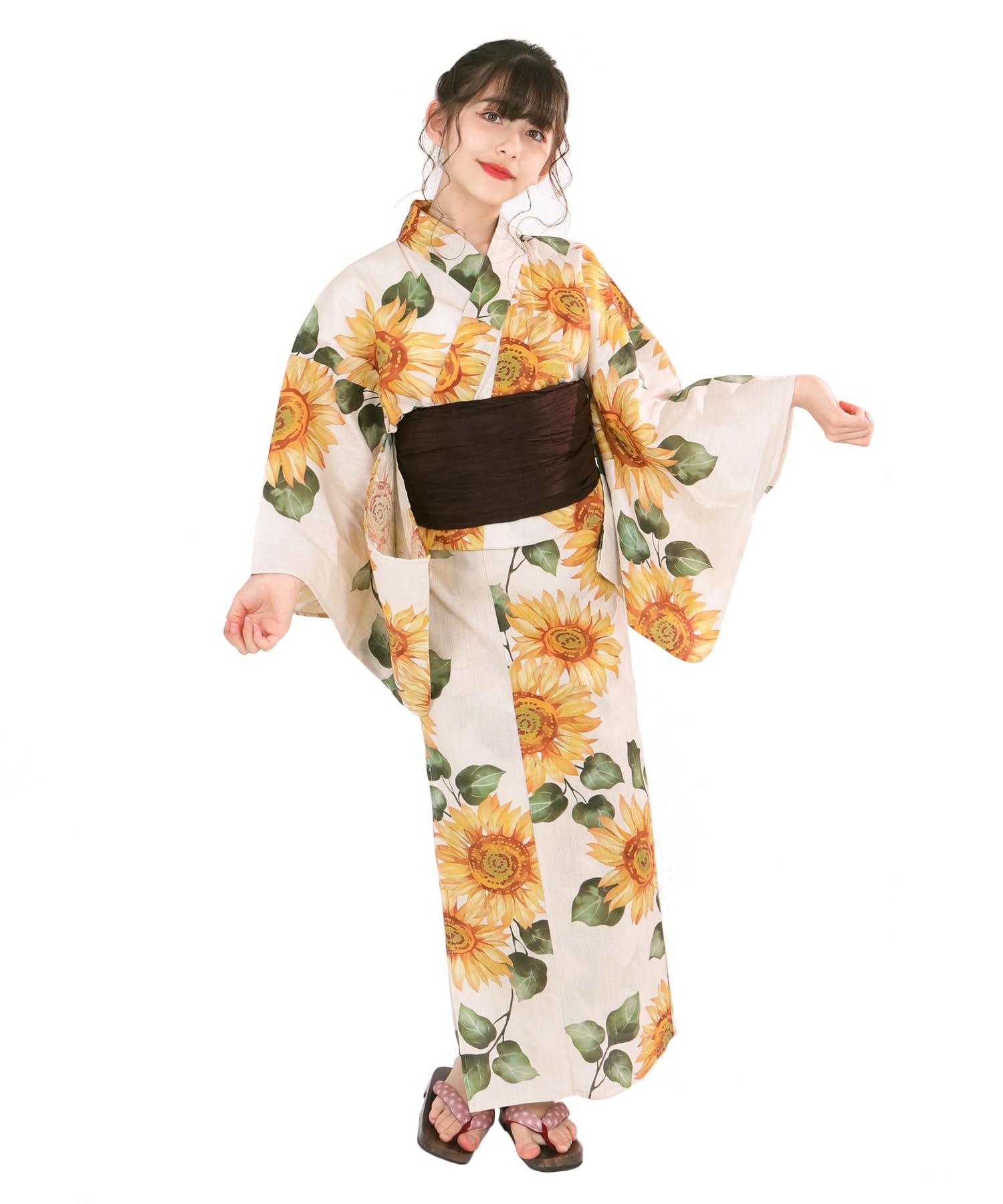 

KYOETSU Yukata Variegated Set Junior Size H Girls Set, Off-White, Weave, 2-Piece (Yukata, Obi), Girls, (8. Sunshine, 130cm)