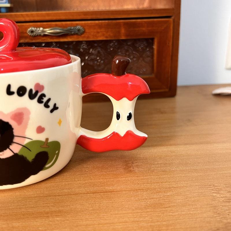 ספל חתול תפוח יצירתי עם מכסה, כוס קרמיקה חמודה בעלת ערך גבוה, ספל מזכרת, מתנה לחג המולד