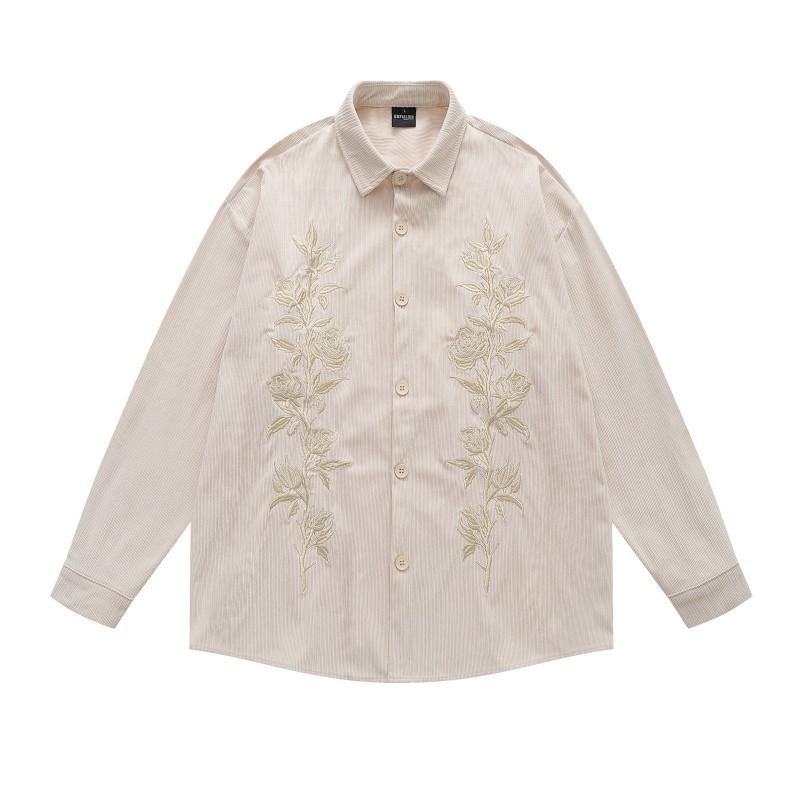 Mens American Vintage Rose Embroidered Corduroy Long Sleeve Shirt Loose Casual Couple Blouse