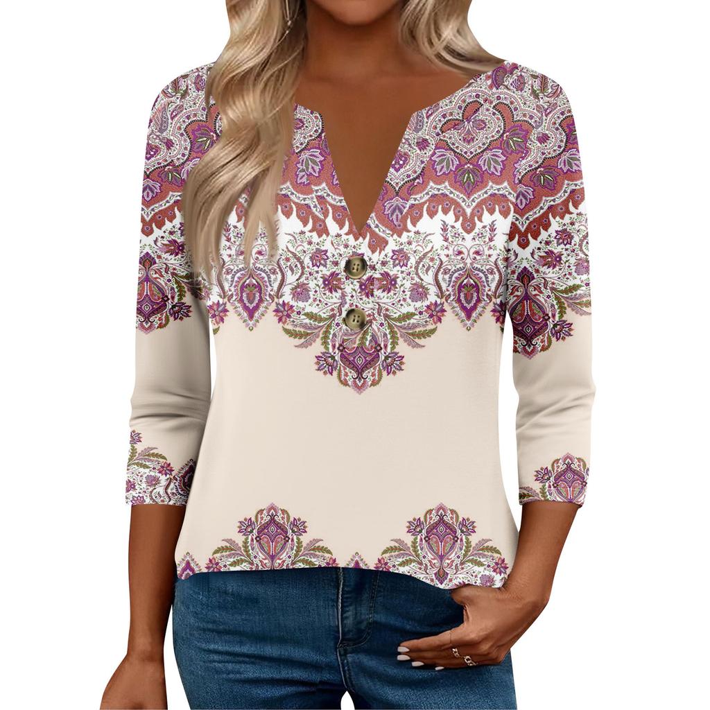 3/4 Sleeve Womens Tops For Women Henely Tops Button V Neck  Loose Fit Dressy Womens Summer Tops