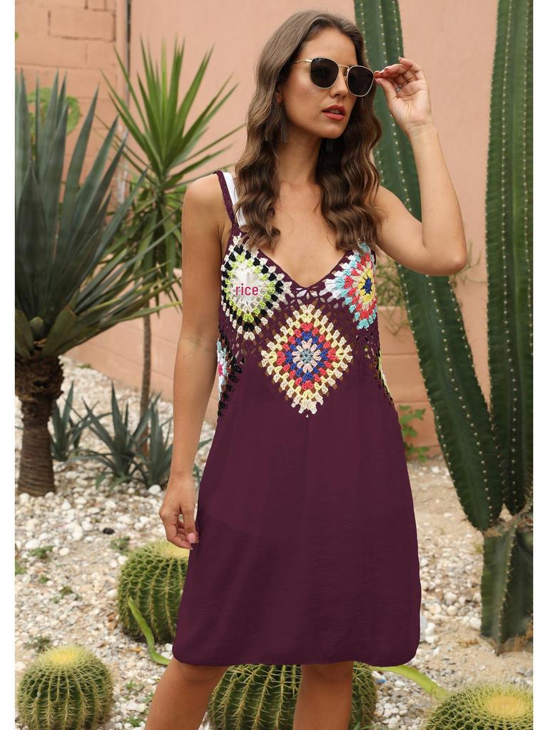 Women's Hand-Crocheted Flower Patchwork Sleeveless Beach Cover-up Dress