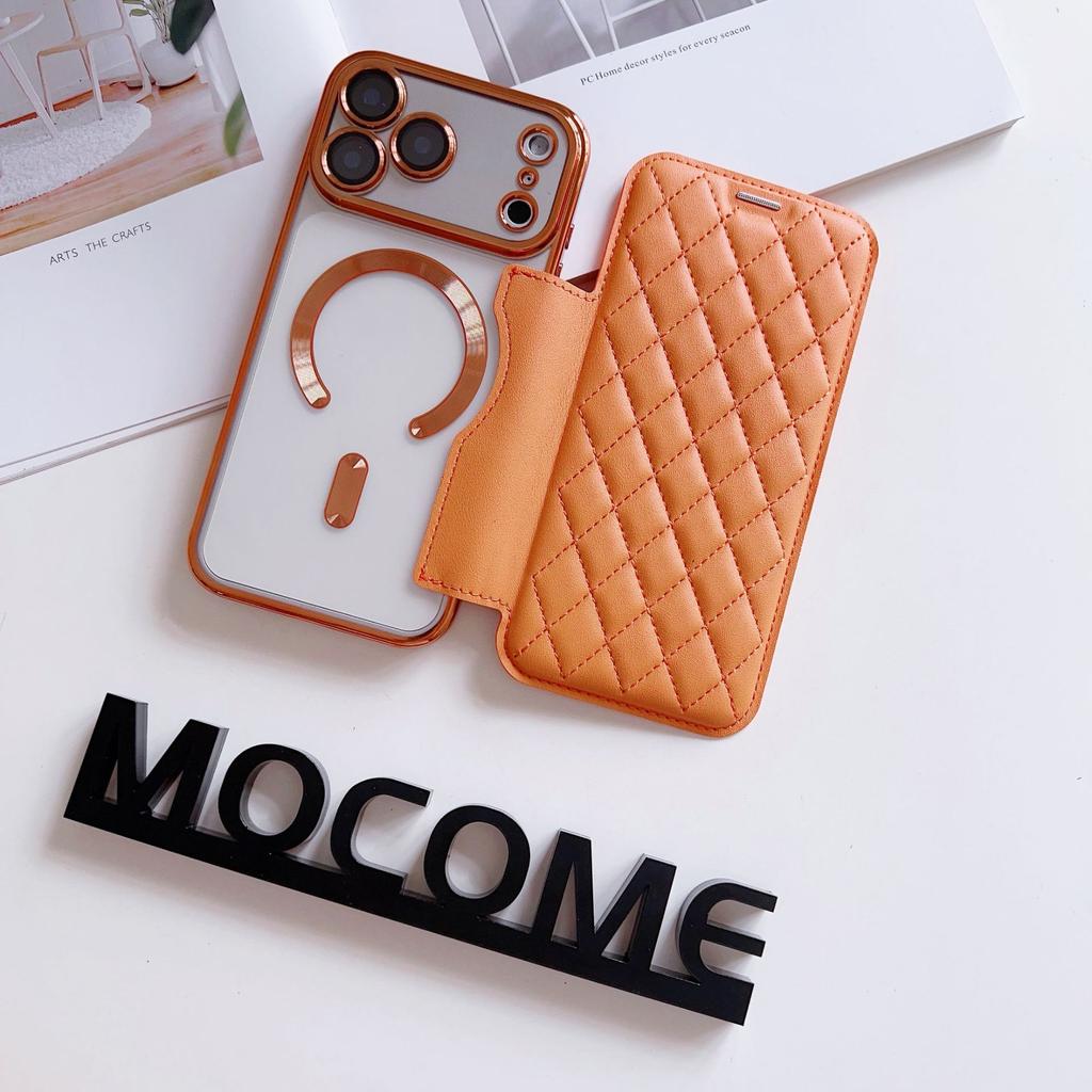 Applicable To iPhone17 Magnetic Mobile Phone Case Rhombus Flip Card Leather Case 17pro Electroplating 17 Anti-drop Protective Case