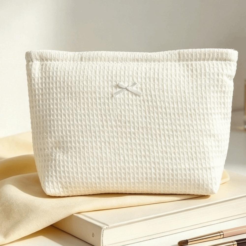 Large Capacity Waffle Knit Makeup Bag Bow Decor Toiletry Organizer Sweet Cosmetic Bag Daily