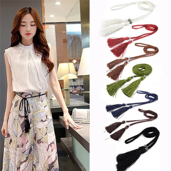Fashion Women Thin Skinny Waistband Weave Braided Tassel Belt Dress Accessory