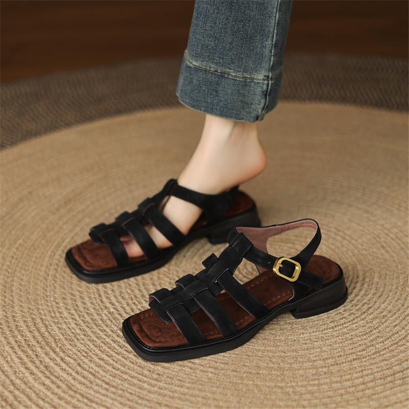 Fashion New Summer Sandals Sheep Leather Women Shoes Square Toe Chunky Heels Sandals for Women Handmade Fashion Roman Sandals Shoes