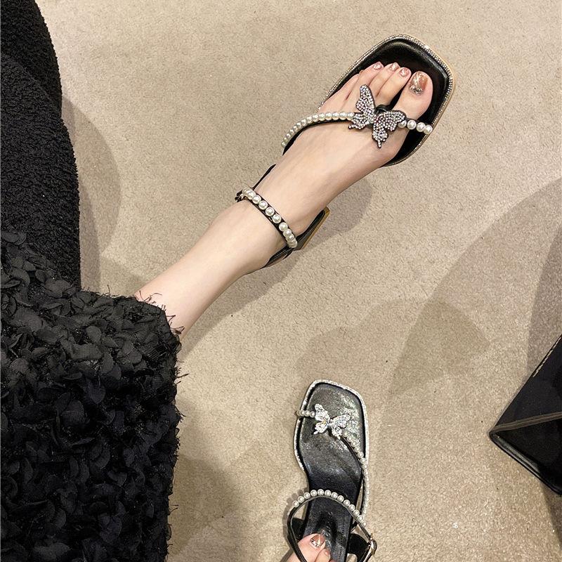Rhinestones Open Toe Butterfly Pearl With Medium Heels Ladies Shoes Anti Slip Hot 2025 Luxury Comfort Vintage Women's Sandals