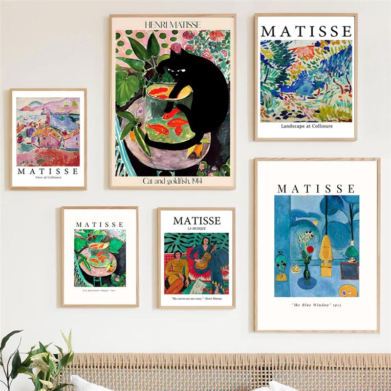 Vintage Colorful Matisse La Music Cat and Goldfish Poster Living Room Oil Painting Home Wall Art