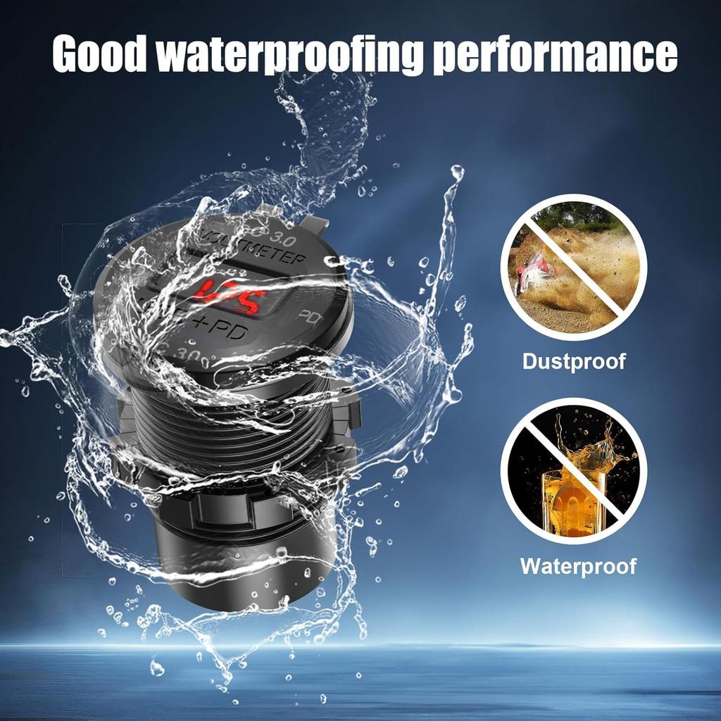12V USB Outlet 4 Port Car Charger Socket, Dual PD USB C And Dual Quick Charge 3.0 Port Aluminum Charger With Red Voltmeter DIY Kit Waterproof For Car