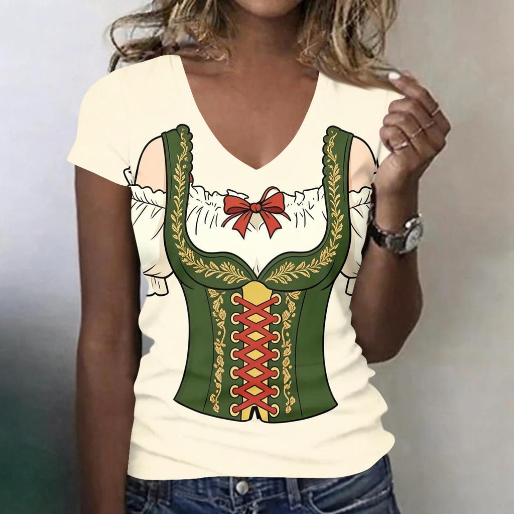 Camiseta casual de manga corta con cuello en V para mujer, top con estampado de Oktoberfest, tejido ligero y suave, ajuste cómodo, camiseta de verano