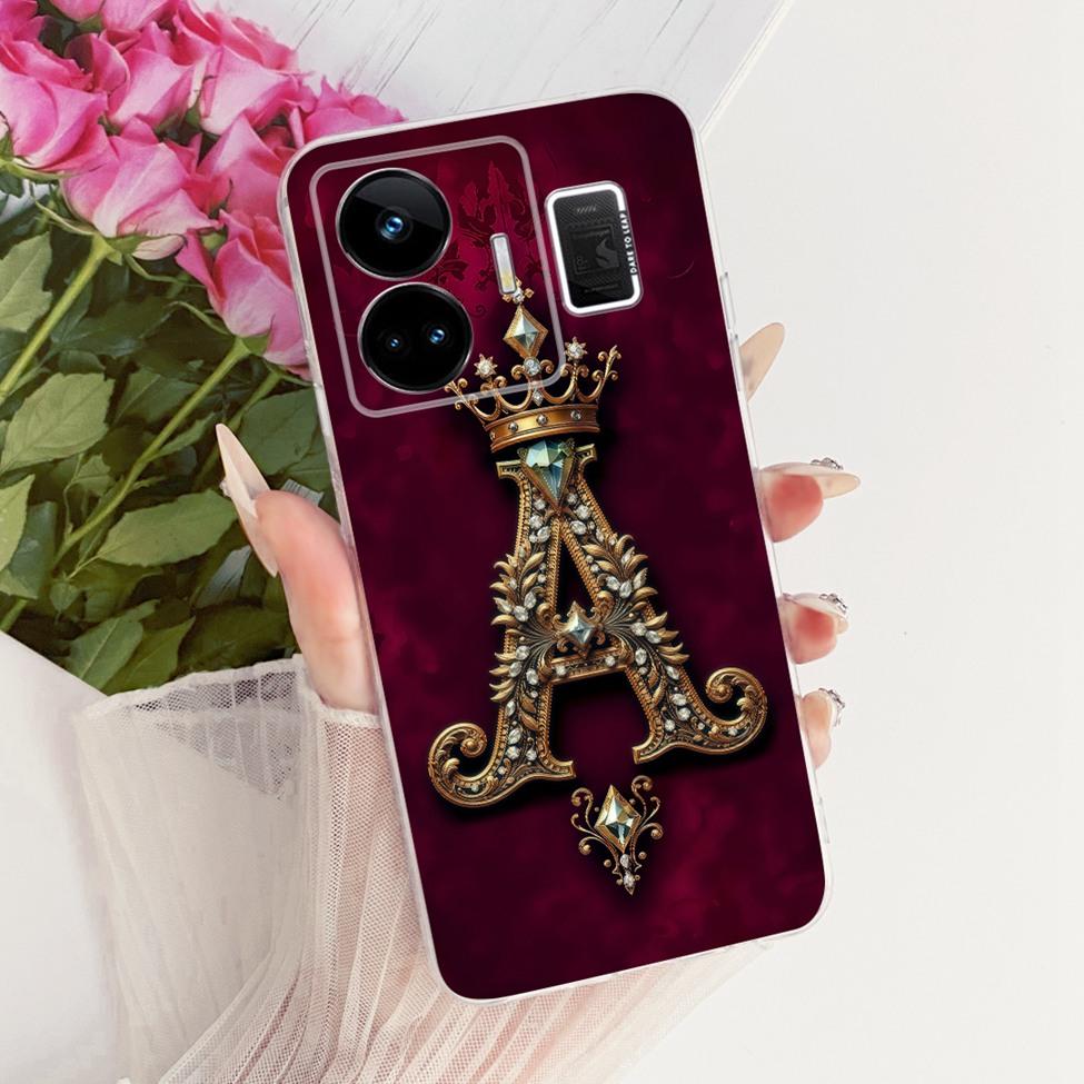 For Realme GT Neo 5 Case Transparent Luxury Crown A-Z Letters 2D Flat Pattern Soft Phone Case For Realme GT Neo5 RMX3706 Cover