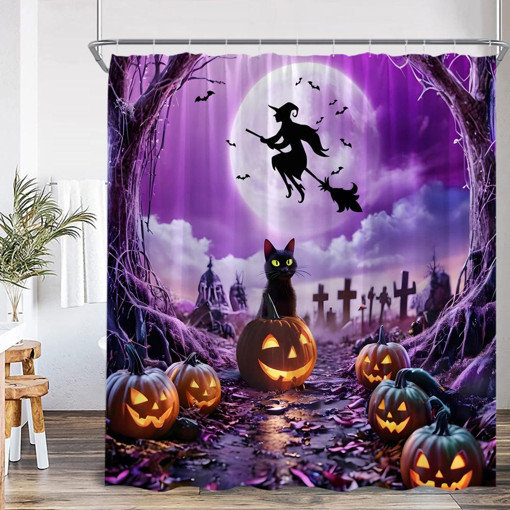 Full Moon Night Halloween Shower Curtain Flying Witch Evil Pumpkin Wizard Graveyard Horror Bath Decoration Bathtub Curtain