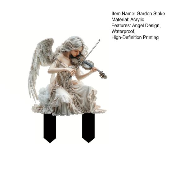 Retro Angel Garden Stake, Angel Playing The Violin 2D Acrylic Decoration, Waterproof Yard Art Stake for Outdoor Lawn Planter Decor Gift Idea