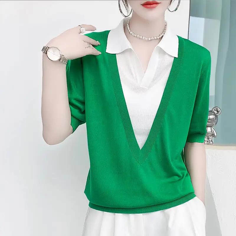 Women's Summer Two Tone Polo Shirt Casual Fake Two-Piece Knit Top