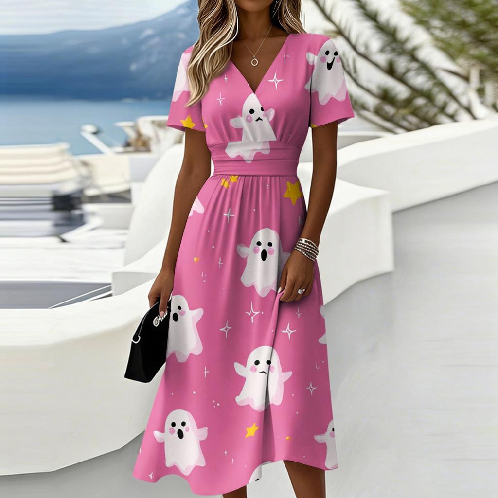 Women's Halloween Print Short Sleeve V-Neck Casual Dress