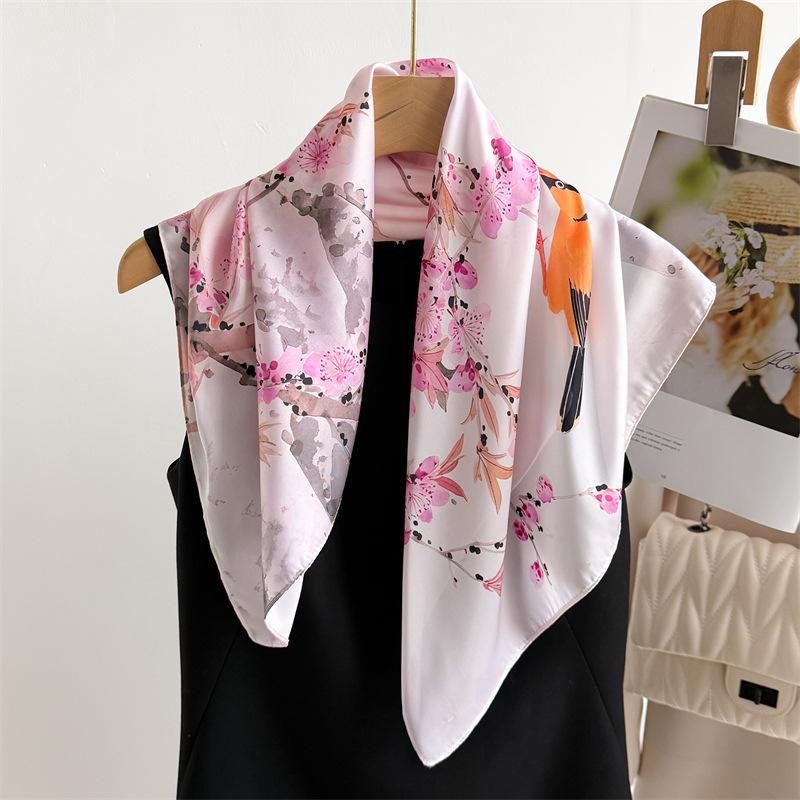 70Cm Small Square Scarf Imitation Silk Scarf Headscarf Spring And Summer Flowers And Birds Dance Printed Scarf Scarf Professional Versatile Scarf