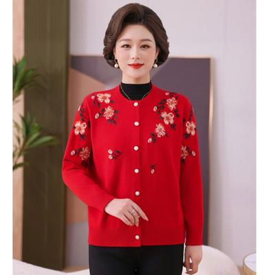 New Middle-aged and Old Fashion Loose Top Mother-in-law Jacket Spring and Autumn Mother Crew Neck Embroidered Knitted Sweater Jacket