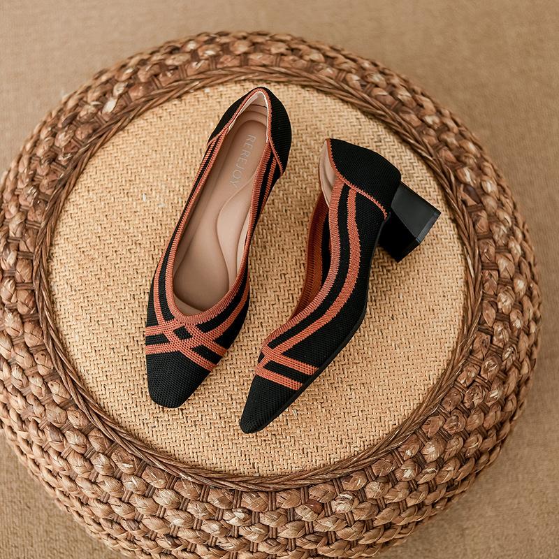 New Thick Heel Small Square Head Light Mouth Knitted Color Matching Temperament Women's Shoes Women's Fashion Single Shoes