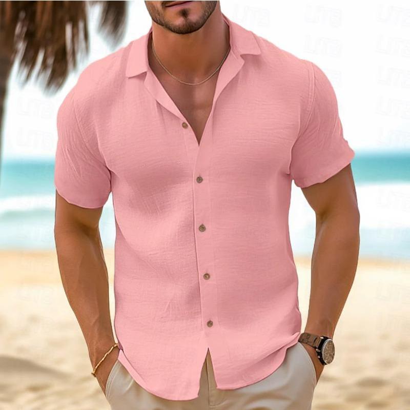 

Мужская летняя пляжная рубашка на пуговицах, короткий рукав, однотонная, с лацканами, повседневная, из хлопка и льна, модная и удобная XXXL розовый