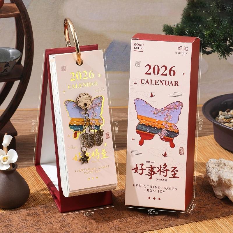 2026 Desk Calendar With Gold Ring Binding 365 Days Vintage Oil Painting Inspirational Quotes One-Way Page Turn Daily Planner