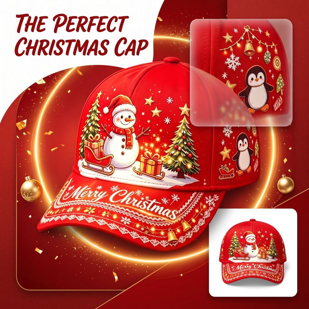 Unisex Red Christmas Digital Print Curved Baseball