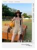 Women's High-Waist Denim Overall Shorts - Casual American Style, Loose Fit, Cuffed Wide Leg Jumpsuit