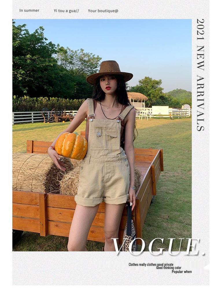 Women's High-Waist Denim Overall Shorts - Casual American Style, Loose Fit, Cuffed Wide Leg Jumpsuit