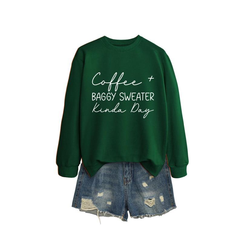 Womens Oversized Round Neck Long Sleeve Cotton Blend Casual Sweatshirt With Print - Loose Fit Comfort Top
