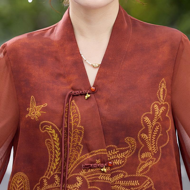 2026 Summer Slim-Fit Chiffon Blouse for Middle-Aged and Elderly Women - Chinese National Style