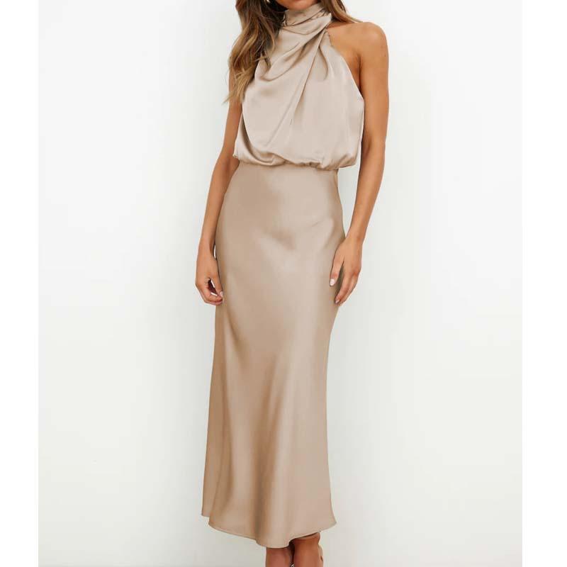 Abito da Sposa Estivo Senza Maniche con Spalle Scoperte in Seta Satinata alla Moda Abito Sexy da Damigella Elegante Abito Lungo da Sera per Feste 28057