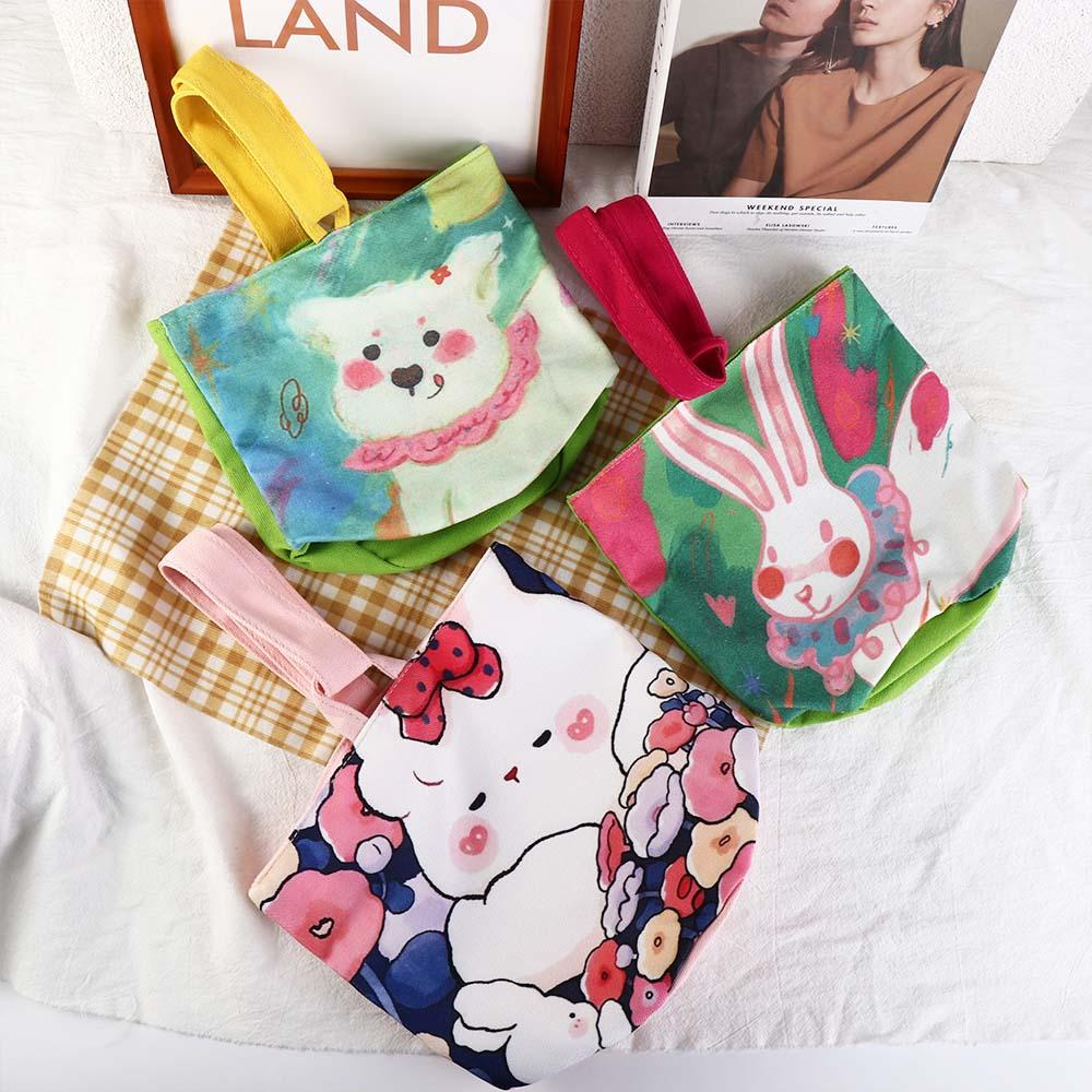 Dog Cartoon Canvas Bucket Bag Cat Dog Lunch Bag Reusable Rabbit Handbag Travel