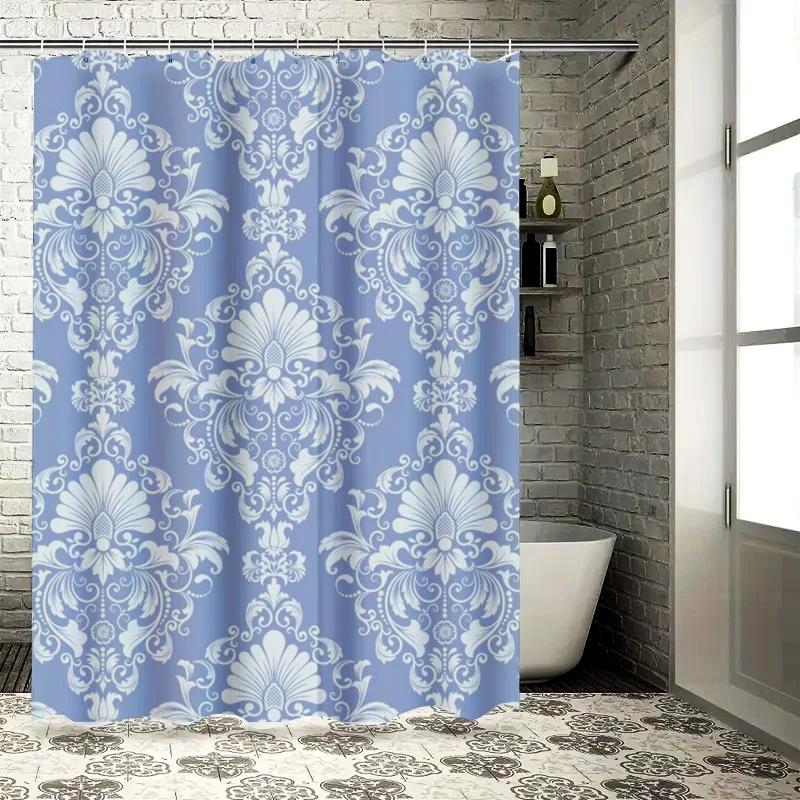 Blue and White Damask Shower Curtain with Waterproof Fabric for Bathroom Decor