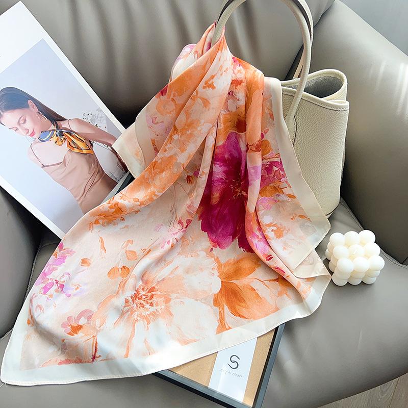 Korean atmosphere simulation silk printing silk scarf neck small square scarf high-end shawl sunscreen headscarf scarf female
