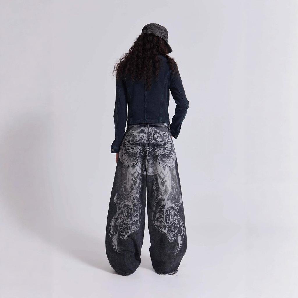 FlowStreet Y2K American New Pattern Embroidery Baggy Jeans High Street Vintage Hip Hop Fashion Casual Joker Couple Wide-leg Pants