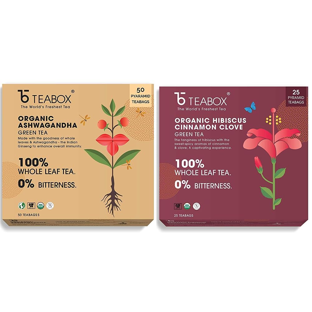 

Teabox Green Tea Collection | Ashwagandha (50 Pyramid Teabags) & Hibiscus Cinnamon Clove (25 Teabags) | Premium Ayurvedic Blends
