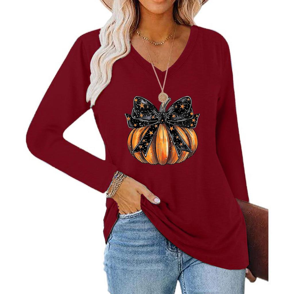 Women's Halloween V-neck Pumpkin Print Long Sleeve Top (2025)