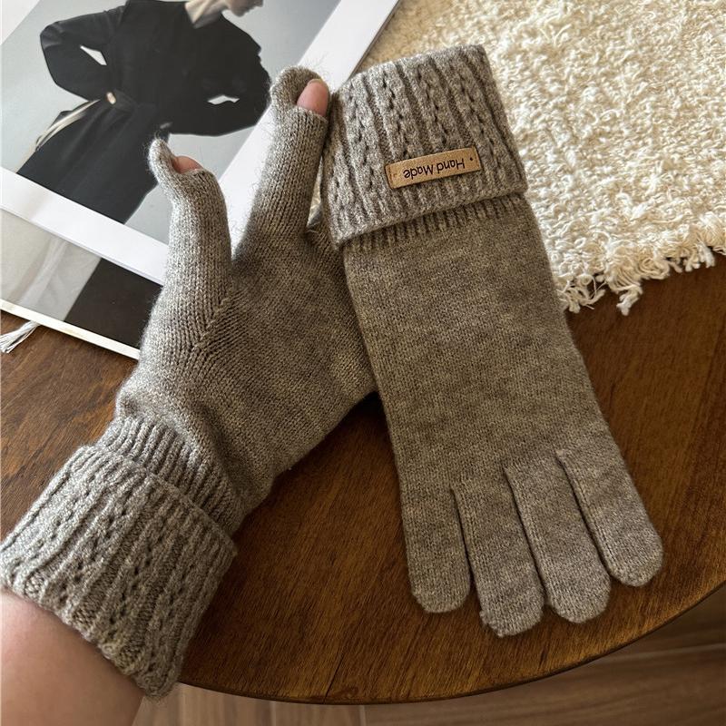 Autumn and Winter Knitted Warm Gloves for Women with Leaky Fingers Touch Screen Washable Thickened Warm and Cold Resistant Glove