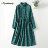 2026 New Arrival Spring Autumn Women Midi Dress Turn-Down Collar Navy Blue Green Print Lace Up Dress Long Sleeve Vintage Elegant Dress