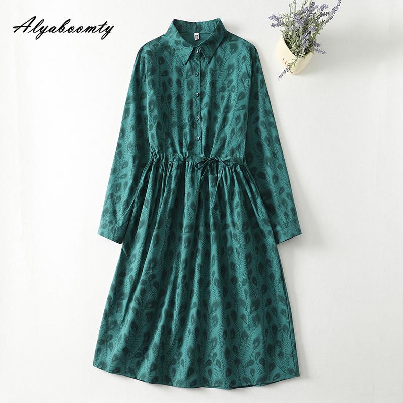2026 New Arrival Spring Autumn Women Midi Dress Turn-Down Collar Navy Blue Green Print Lace Up Dress Long Sleeve Vintage Elegant Dress