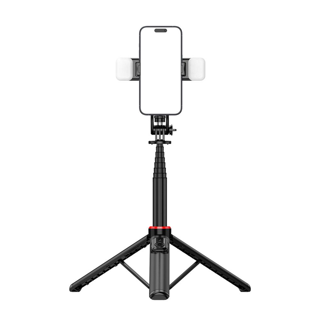 Aluminum Alloy Extendable Selfie Stick Tripod 1.3m with Dual Lights & Phone Holder - Black
